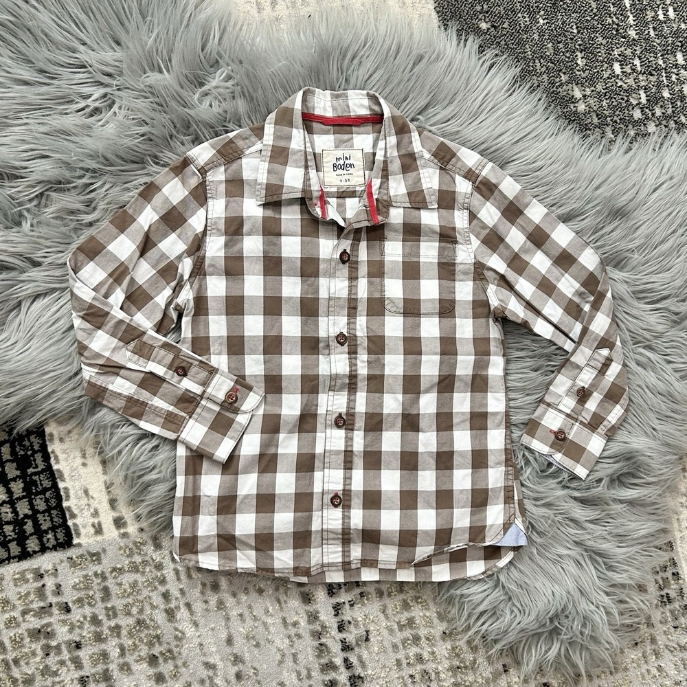 Mini Boden Brown Plaid‎ Button Up Dress Shirt Size 4/5Y